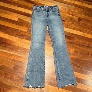 BKE Billie Women's Slim Fit High Rise Bootcut Jeans Blue Distressed Raw Hem 27